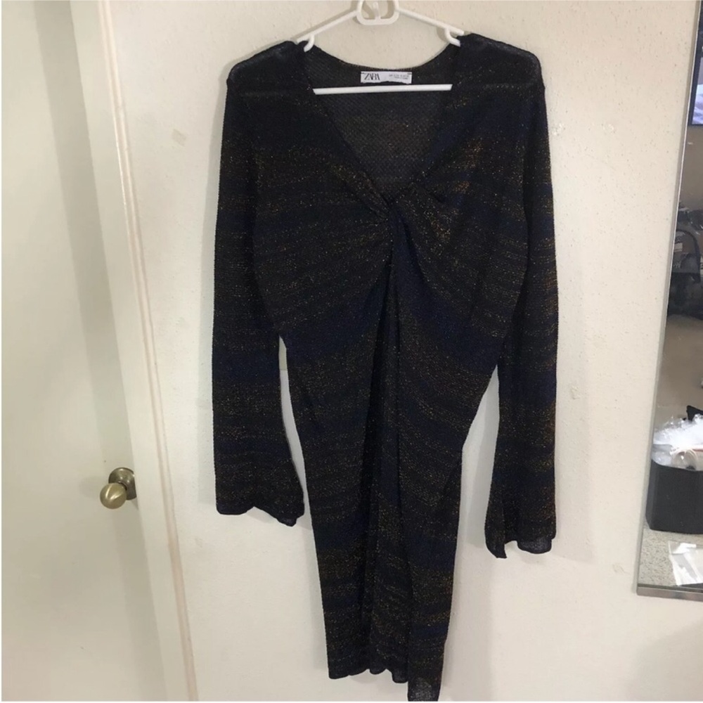 Zara Women Metallic Thread Knit Midi Dress S Black Blue Front Knots Bell sleeve